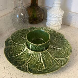 Bordallo Pinheiro Green Cabbage Leaf Dip Serving Tray and Bowl